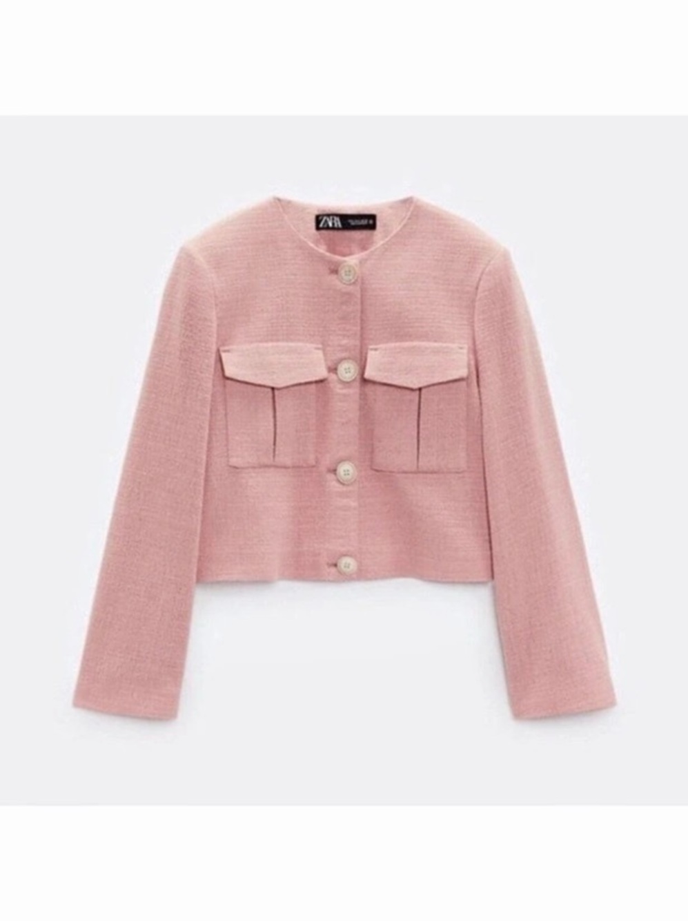 ZARA Textured Weave Button Front Cropped Long Sleeve Jacket Pink Jacket M NWT